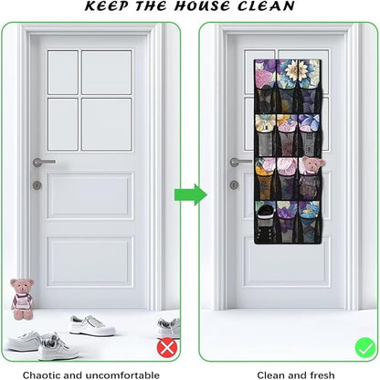 Door Storage Organizer, Blooming Flowers Lightweight Over the Door Shoe Organizer with 12 Large Mesh Pockets No Drill Easy to Install Hanging Rack for Shoes and Accessories