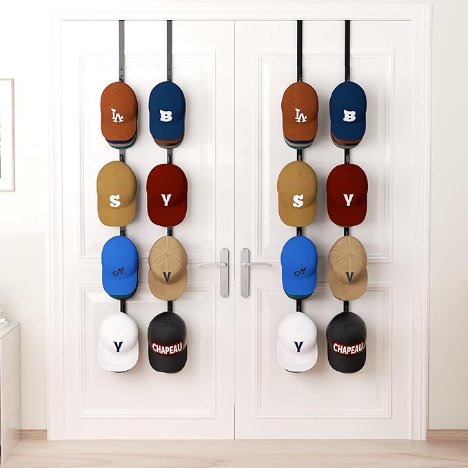HapiRm Over Door Hat Rack - 4 Packs Metal Hanging Hat Organizer with 16 Hooks Design, Baseball Cap Hanger Organizer Storage Holds up to 80 Caps for Door, Bedroom, Closet