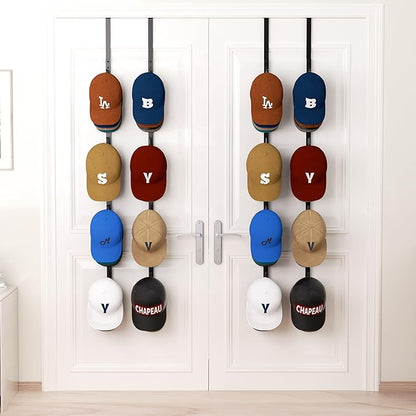 HapiRm Over Door Hat Rack - 4 Packs Metal Hanging Hat Organizer with 16 Hooks Design, Baseball Cap Hanger Organizer Storage Holds up to 80 Caps for Door, Bedroom, Closet