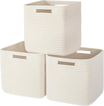 AELS Hand Woven Cotton Basket for Storage, Cube Storage Bins with Handles, Foldable Collapsible Closet Organizers and Storage, Boho Farmhouse Storage Cubes for Shelves, Beige