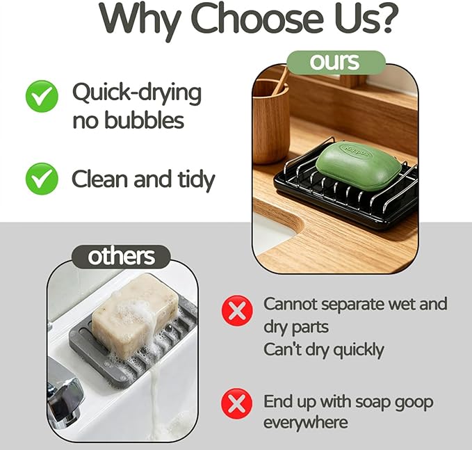 Soap Dish Drain Tray Self Draining Soap Holder Sponge Holder Soap Dishes for Shower, Bathroom, Kitchen Sink (1, C-Black)