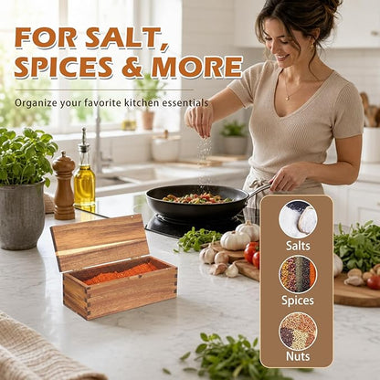 Acacia Wood Salt Cellar Spice Box with Magnetic Lid 29oz Large Capacity Salt Organizer 1 Compartments for Kitchen Countertop, Pepper, Seasonings, Spices, Grilling & Cooking