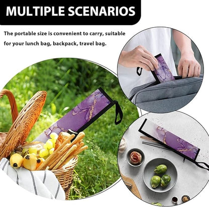 COEQINE Purple Travel Silverware Case Marble Utensil Case With Handles Portable Knife Fork Spoon Organizer Holder for Picnic Outdoor Travel Accessories Leafproof