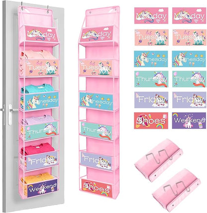 2 Pcs 6-Shelf Weekly Clothes Organizer for Kids Daily Hanging Closet Organizer with 2 Sets Week Day Stickers Foldable Days of The Week Behind Door Hanging Storage Shelves