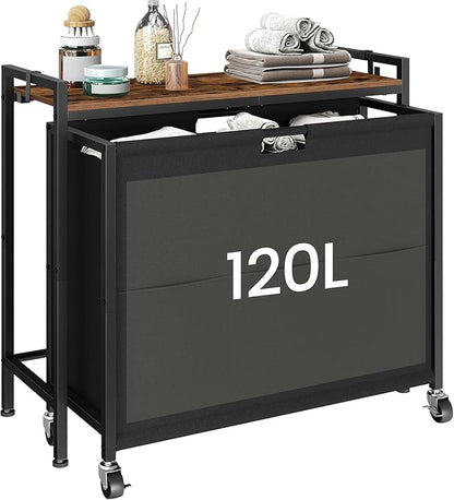 CHOEZON Laundry Sorter, Laundry Hamper with Storage Shelf, Mobile 2-in-1 Basket Organizer, 120 L Rolling Hamper, Large Bags and Movable Wheels, Metal Frame, Rustic Brown and Black TXY01BF