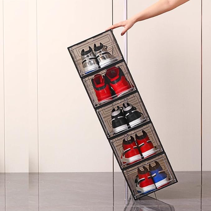 XXL Drop Front Shoe Storage Box Stackable, 6 Pack Shoe Display Case Fit US 15,Sneaker Storage Shoe Containers with Magnetic Door（6 PACK BLACK