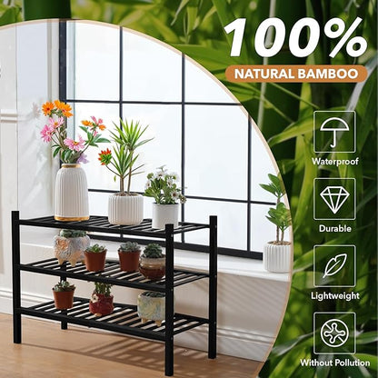 3 Tier Bamboo Shoe Rack Storage Organizer for Closet, Multifunctional Stackable Free Standing Shoe Shelf Organizer for Small Space,Entryway,Hallway,Bathroom 27"x11"x20" (Black, 3 Tier)