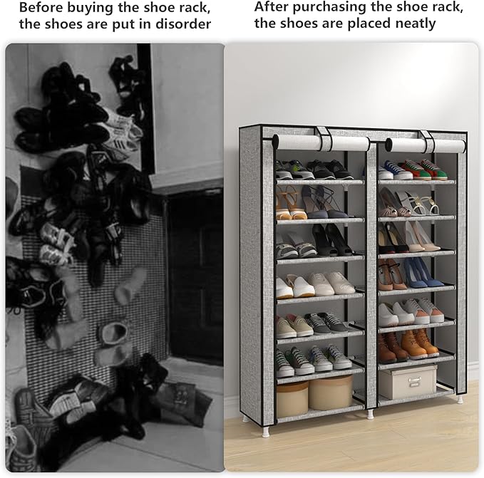 JIUYOTREE 7-Tier Shoe Rack Storage Organizer with Dustproof Cover Closet Cabinet Shelf Holds up to 28 Pairs for Doorway Corridor Balcony Living Room Ash Gray