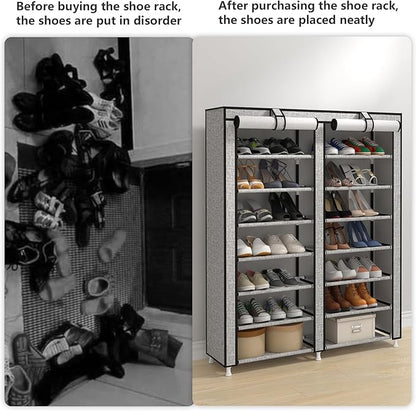JIUYOTREE 7-Tier Shoe Rack Storage Organizer with Dustproof Cover Closet Cabinet Shelf Holds up to 28 Pairs for Doorway Corridor Balcony Living Room Ash Gray