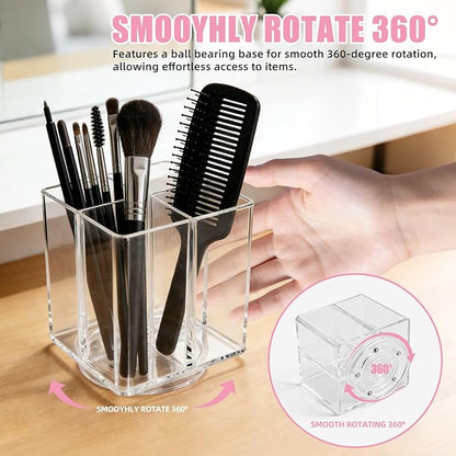 Acrylic Makeup Brush Holder, Clear Rotating Makeup Brush Holder Organizer with 4 Slots, Square Makeup Brush Cup for Vanity Desk Countertop Bathroom