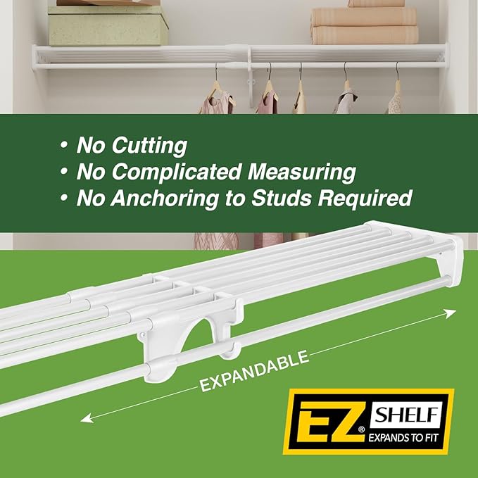 EZ SHELF Closet Shelf with Hanging Rod - 28-48” Expandable, White, Closet Shelves - Strong, Holds 200 lbs - DIY, Easy Install to 2 Side Walls - Alternative to Wire Shelving