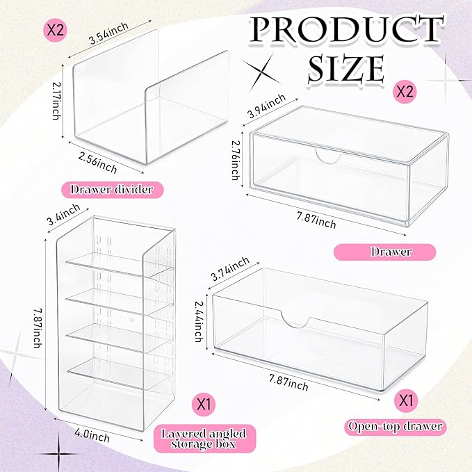 Kathfly 6 Pcs Medicine Cabinet Organizer Acrylic Stackable Clear Makeup Organizer with 2 Drawer 1 Storage Box 2 U Movable Partition and 1 Vertical Layered Storage Rack for Bathroom Cabinet Wall Vanity