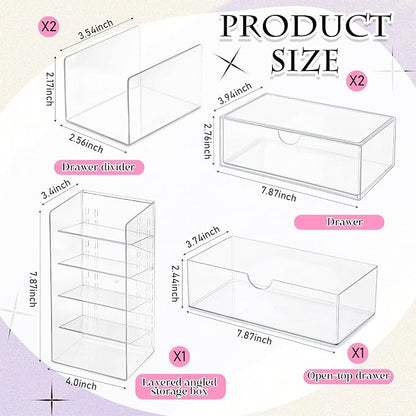Kathfly 6 Pcs Medicine Cabinet Organizer Acrylic Stackable Clear Makeup Organizer with 2 Drawer 1 Storage Box 2 U Movable Partition and 1 Vertical Layered Storage Rack for Bathroom Cabinet Wall Vanity