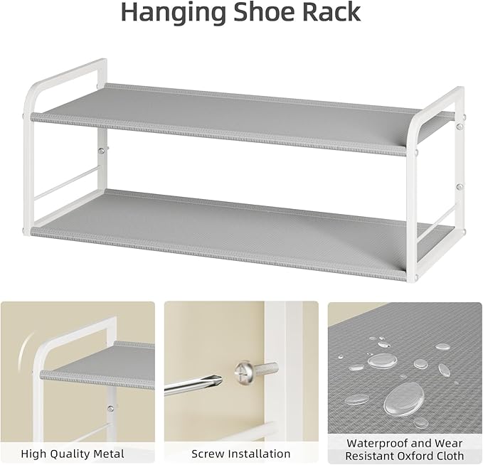 2 Pack Wall Mounted Shoe Rack, Carbon Steel Shoe Organizer with Removable Oxford Cloth, Non-Slip Space-Saving for Entryway Closet Bedroom, White