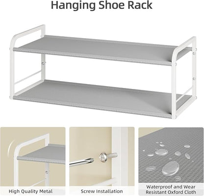 2 Pack Wall Mounted Shoe Rack, Carbon Steel Shoe Organizer with Removable Oxford Cloth, Non-Slip Space-Saving for Entryway Closet Bedroom, White