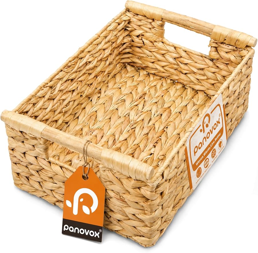 Water Hyacinth Wicker Basket, 13.39*9.45*4.65 Inch Woven Basket with Handles, Wooden Handles Wicker Storage Basket, Rattan Basket for Decorative Baskets, Pantry, Shelves, Gift, Toys - Medium