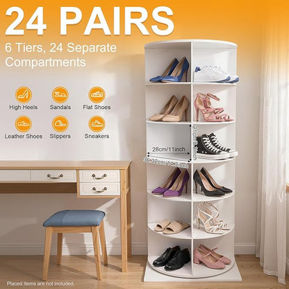 6-Tier 360° Rotating Shoe Rack, Freestanding Foamed PVC Shoe Storage Organizer Holds 24 Pairs, 66.14LBS Heavy Duty Load with Stable Anti-Slip Base,for Entryway Bedroom Living Room Home Organization