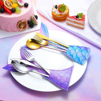 Yaomiao 24 Pack Mermaid Cutlery Holder Bag Mermaid Tail Shaped Utensil Holder Pouch Tableware Knife Fork Cover for Themed Party baby shower Decorations Birthday Party Supplies