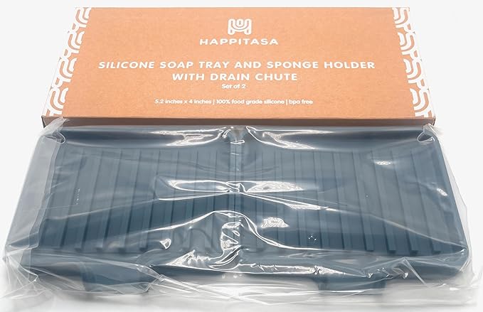 Silicone Soap Dish Tray and Sponge Holder with Drain Chute, Rectangular, Kitchen and Bathroom Sink Organizer (Smoky Blue, 5.2"x4" (Set of 2), 7.2 Ounces)