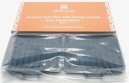 Silicone Soap Dish Tray and Sponge Holder with Drain Chute, Rectangular, Kitchen and Bathroom Sink Organizer (Smoky Blue, 5.2"x4" (Set of 2), 7.2 Ounces)