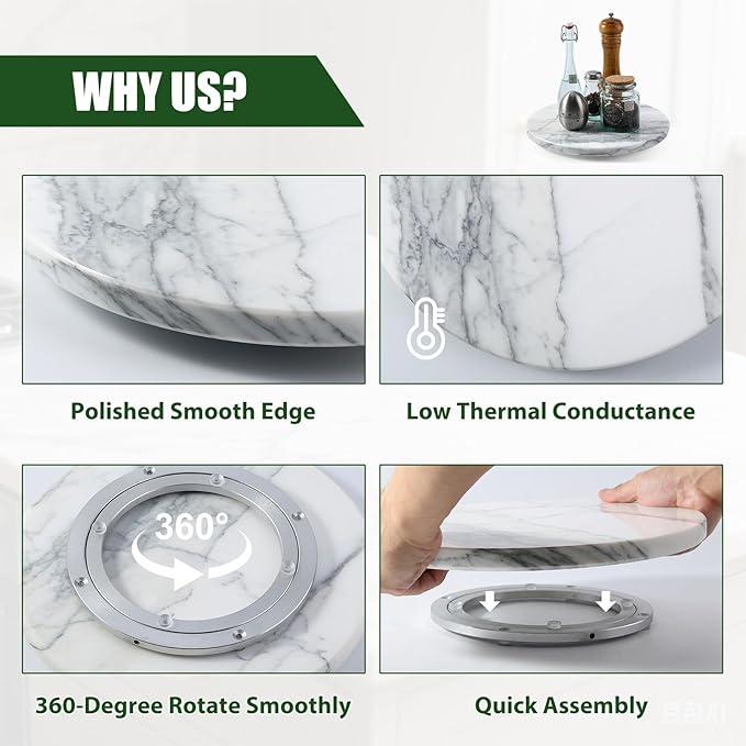 Marble Lazy Susan, 12” Lazy Susan for Table Top Detachable Turntable Organizer for Cabinet Pantry Kitchen Countertop Fridge Bathroom Makeup Vanity Countertop, Arabescato