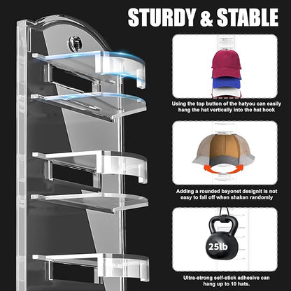 Hat Organizer for Baseball Caps on the Wall, Adhesive Hanging Hat Storage Rack, Ball Cap Hooks Display, Vertical Hat Hanger Holder for Door and Closet, Hold Up to 20 Hats, Clear, 2 Pack
