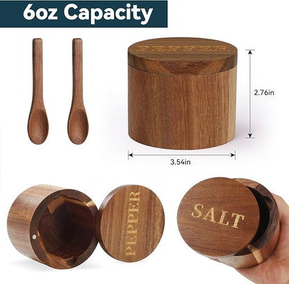 Timtopno Salt Cellar, Elegant Salt and Pepper Set, 2PCS Acacia Wood Salt Container with Built-in Spoon & Swivel Lid, Engraved SALT & PEPPER Box, Salt Holder for Countertop Seasoning Storage
