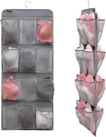 Dual Sided Hanging Shoe Organizer for Closet with Rotating Hanger Hanging Shoe Rack Holder with 24 Large Pockets (Grey-Mesh Pockets)