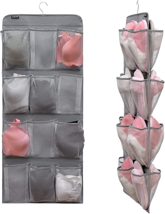 Dual Sided Hanging Shoe Organizer for Closet with Rotating Hanger Hanging Shoe Rack Holder with 24 Large Pockets (Grey-Mesh Pockets)
