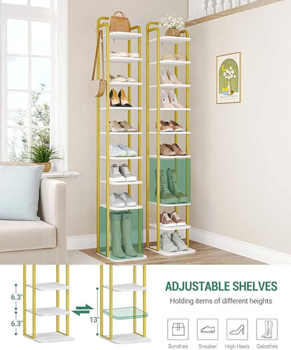 Hzuaneri 10 Tiers Vertical Shoe Rack, Narrow Shoe Tower, Tall Shoes Shelf with 2 Hooks, Adjustable Shelves, Corner Shoes Shelves for Small Spaces, Entryway, Living Room, White Gold SR11213A