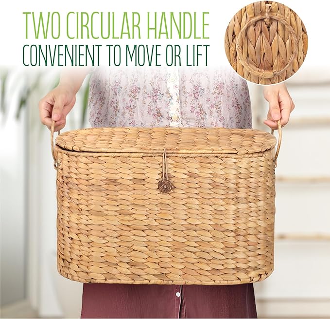 SIEUSALEVN Toilet Paper Storage, Water Hyacinth Baskets with Lid, Toilet Paper Baskets for Storage Holder 6 Rolls, Papers Basket with Built-in Handles for Organizer, Bathroom Accessories Organizer