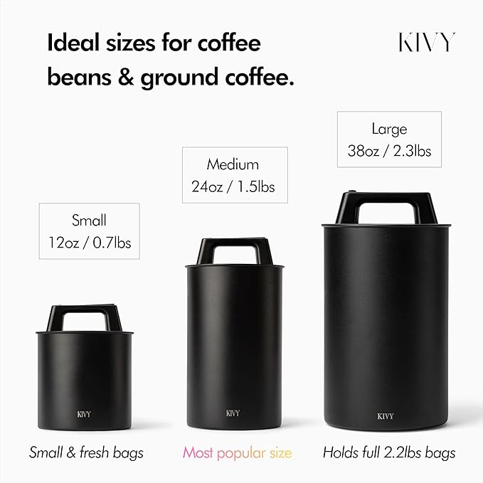 KIVY Vacuum Coffee Canister - Push Lid Preserves Coffee Aroma & Oil - Stainless Steel Airtight Coffee Canister - Coffee Container for Ground Coffee & Coffee Bean Storage - Removes Excess Air