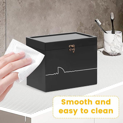 Tampon Holder for Bathroom Wooden Feminine Product Organizer with Lid Pad and Tampon Organizer for Bathroom Tampon Storage Sanitary Napkin Holder for Girl Stuff (Black)