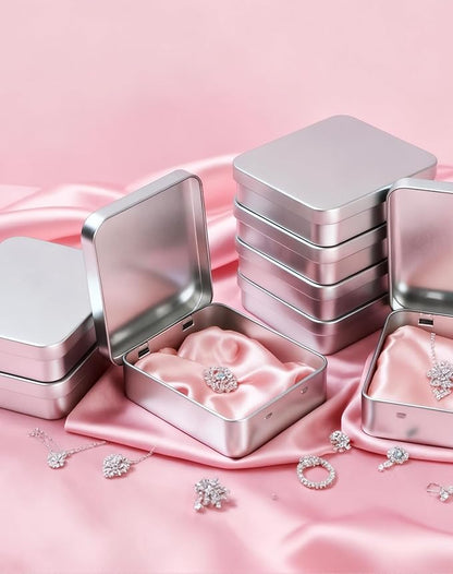 LJY 8 Pack Empty Rectangular Silver Metal Storage Organizer Tins with Hinged Lids for Candies, Gifts & Treasures (3.7 x 3.3 x 1 inch)