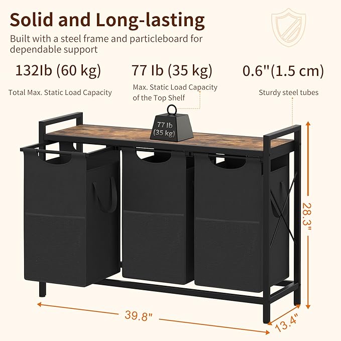 Heybly Laundry Hampers, 3 × 15 Gal (171 L) Laundry Basket with Large Desktop Sorter for Laundry Room Organization, Bathroom and Dorm Laundry Bags on Storage Shelf, Rustic Brown HLH003SR