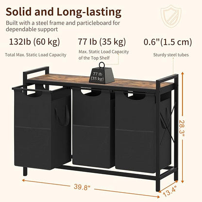 Heybly Laundry Hampers, 3 × 15 Gal (171 L) Laundry Basket with Large Desktop Sorter for Laundry Room Organization, Bathroom and Dorm Laundry Bags on Storage Shelf, Rustic Brown HLH003SR