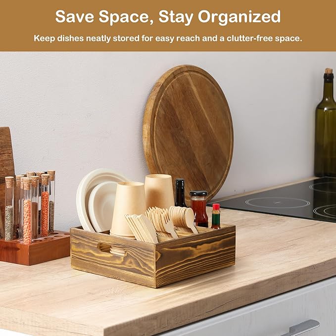 Wood Utensil Holder for Party, 6-Compartment Paper Plate Organizer with Handles, Wooden Silverware Caddy for Picnic, Camping, BBQ, Buffet, and Kitchen Countertop Organization, Brown