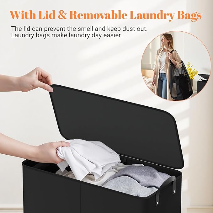 Large Double Laundry Hamper with Lid, Removable Bags & Reinforced Handles, 2 Section Tall Laundry Basket, Dirty Clothes Hampers for Laundry Room, Bedroom, Bathroom, Dorm, 136L, Black