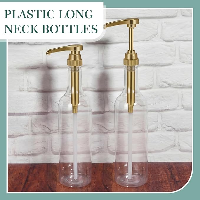 Maxdot 8 Pcs 25 oz Syrup Bottles with Pump Long Neck Bottles Plastic Syrup Pump Dispenser for Coffee Bar Accessories Home Party (Gold)
