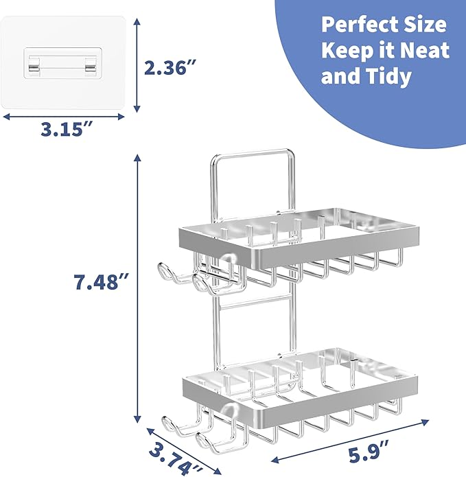 Moforoco Silver Double Soap Bar Holder for Shower, No Drilling Rustproof Stainless Steel, Wall Mounted Soap Holder with 4 Hooks and Razor Holder, Shower Rack Soap Tray Bar Soap for Bathroom & Kitchen