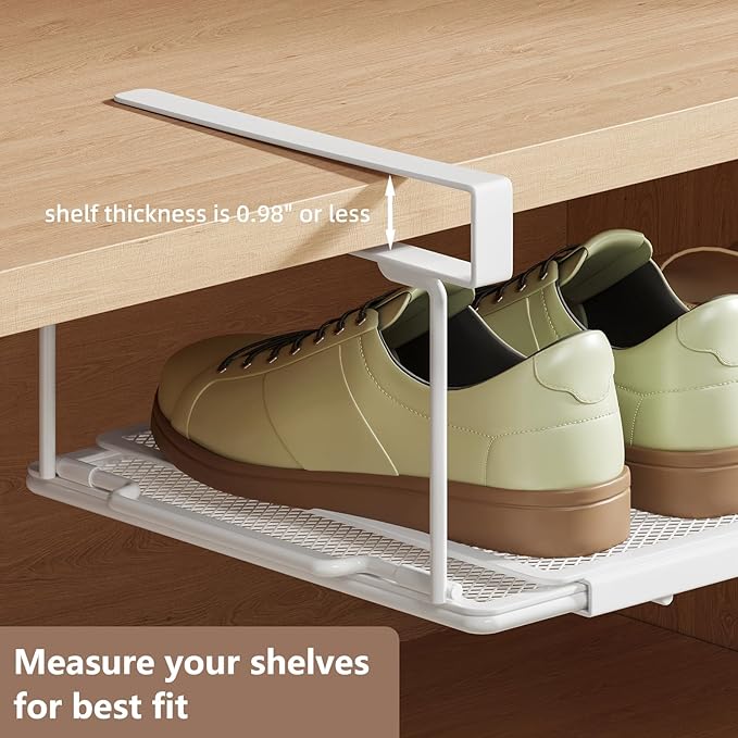 Expandable Under-Shelf Shoe Rack for Closet(1-Pack) - Adjustable Under Shelf Storage Organizer, No-Tool Installation Sturdy Metal Hanging Shelves for Sneakers, Flats & Casual Shoes (White)