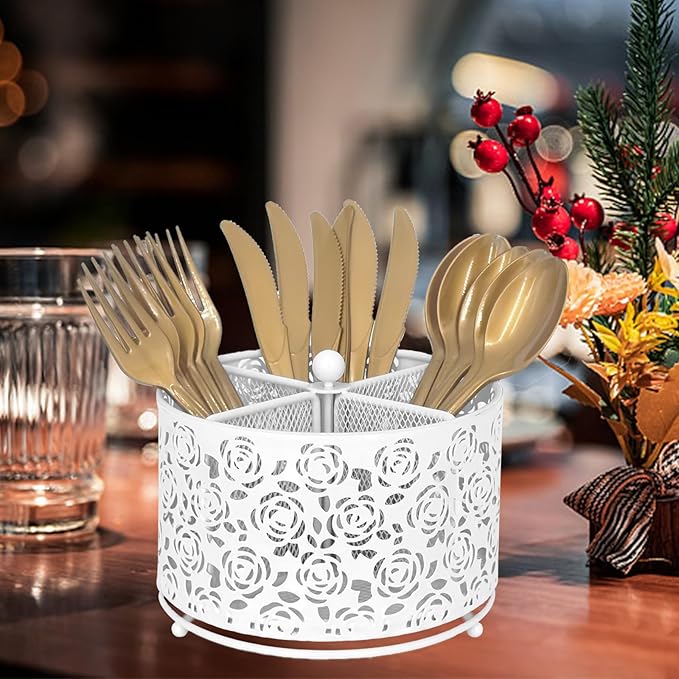 DysanVica 360° Rotating Metal Silverware Caddy - 4 Compartment Utensil Cutlery Holder Fork Spoon Napkin Organizer Flatware Storage Basket Party Countertop Buffet Picnic Camping Outdoor (White)