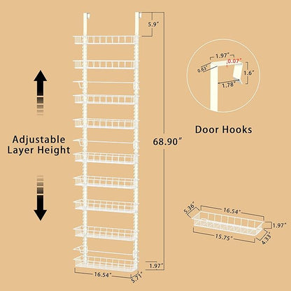 Churboro Over the Door Pantry Organizer Rack with 9 Adjustable Baskets, 9 Tiers Dual-use Hanging or Wall Mount Spice Rack Organizer, White