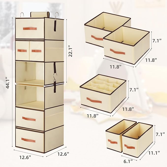 Hanging Closet Organizer 6-Shelf, Upgrade Closet Organizers and Storage with 5 Removable Drawers & 4 Side Pockets, Hanging Shelf Organizer for Bedroom or Garment Rack, 12.6'' x 12.6'' x 44.1'', Beige