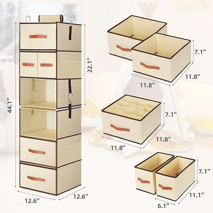 Hanging Closet Organizer 6-Shelf, Upgrade Closet Organizers and Storage with 5 Removable Drawers & 4 Side Pockets, Hanging Shelf Organizer for Bedroom or Garment Rack, 12.6'' x 12.6'' x 44.1'', Beige