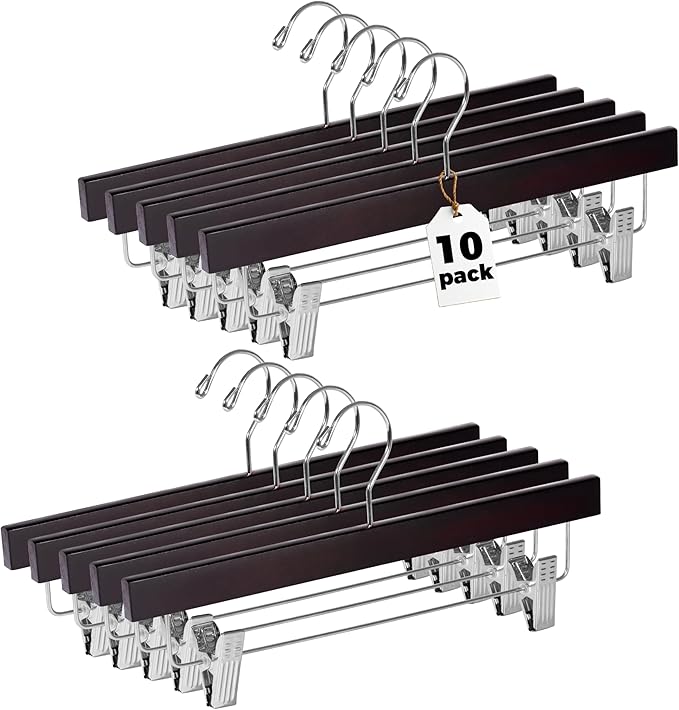 Quality Hangers Wooden Pants Hangers - 10-Pack Swivel Hook Cloth Hanger Set - Lotus Wood Skirt, Pant, Shorts and Slack Hangers with Adjustable Clip – Mahogany Clothing Hanger (Mahogany, 10)