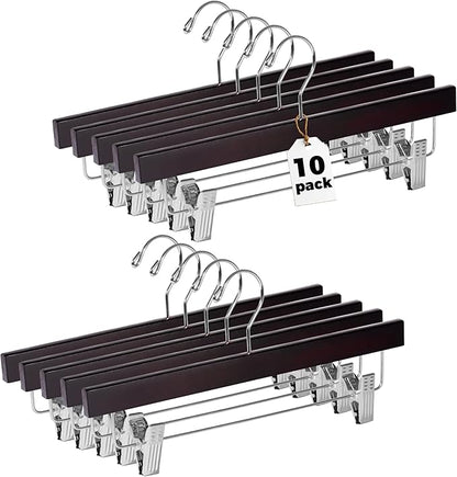 Quality Hangers Wooden Pants Hangers - 10-Pack Swivel Hook Cloth Hanger Set - Lotus Wood Skirt, Pant, Shorts and Slack Hangers with Adjustable Clip – Mahogany Clothing Hanger (Mahogany, 10)