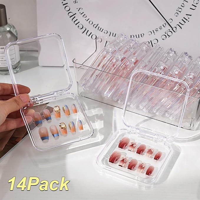 14Pcs Clear Acrylic Press On Nail Storage Box with 60 Pcs Upgrade Adhesive Double-Sided Tape for Nail Display,Organizing & Nail Salon Supplies