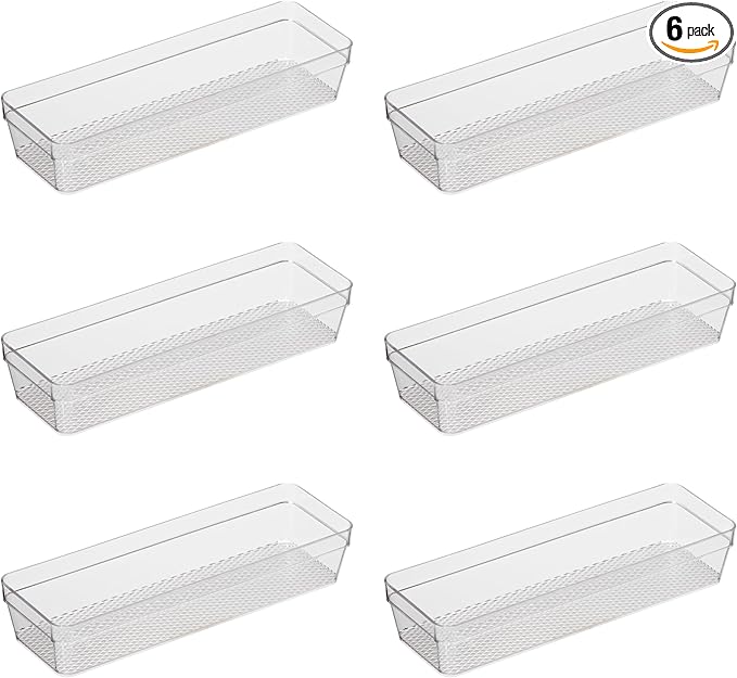 Oggi Clear Drawer Organizer - 3" X 9.5" (Set of 6) - Ideal for Organizing Kitchen Drawers, Office, Desk, Silverware, Kitchen Utensils, Cosmetics and Bathrooms