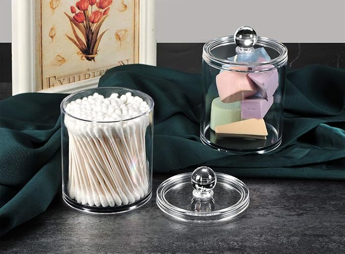 Farmhouse Decor Apothecary Jar Set,Mason Jar Bathroom Vanity Storage Organizer Canister-Qtip Holder Plastic Acrylic Jar for Cotton Swabs,Cotton Pads,Floss Picks,Paper Clips,Hair Clips(4 Pack)